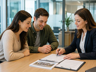 young couple sit with realtor to discuss home purchase
