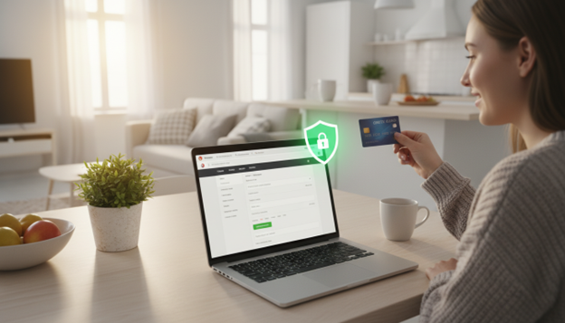 woman with credit card and laptop, lock and shield symbolizing security