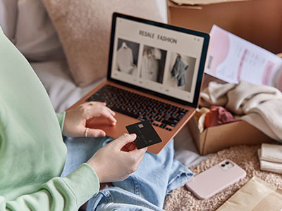 Person using a laptop computer and holding a banking card, demonstrating safe online shopping practices