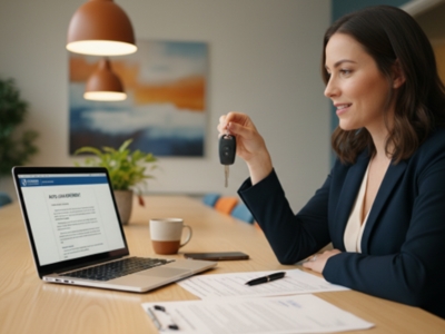 woman holds vehicle keys while looking at info on laptop