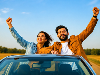 man and woman pump their fists in celebration on top of a car
