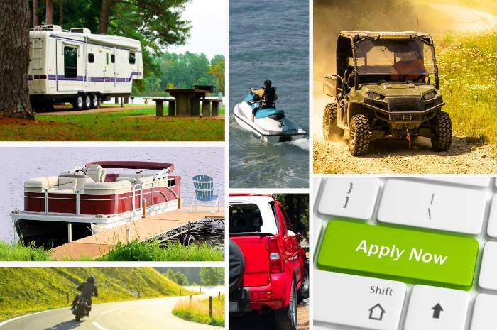 collage of RV, boat, jet ski, motorcycle, UTV, SUV