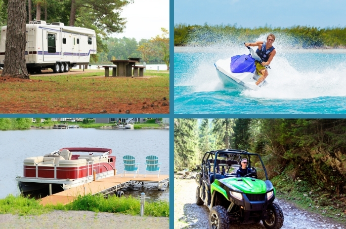 4 images; a camper, jetski, UTV, and pontoon boat