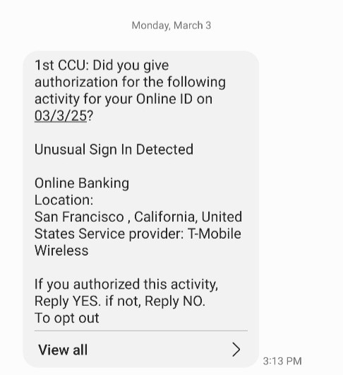 screenshot of fraudulent text claiming to be from 1st CCU