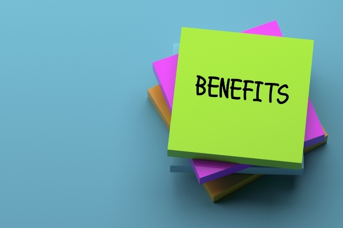stack of colorful post-it notes and the word Benefits