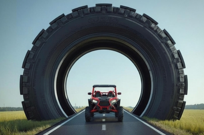 concept image of UTV driving through middle of a giant rugged tire