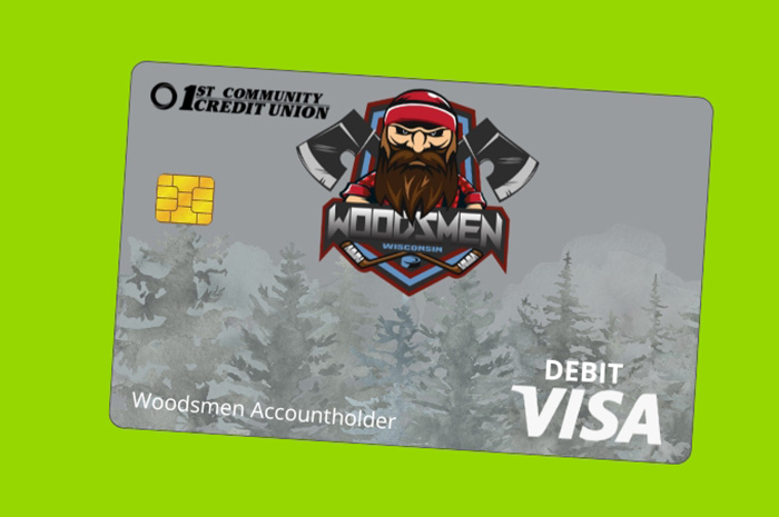 Woodsmen debit card image on lime green background
