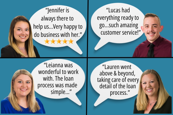 4 loan officers with testimonial speech bubbles