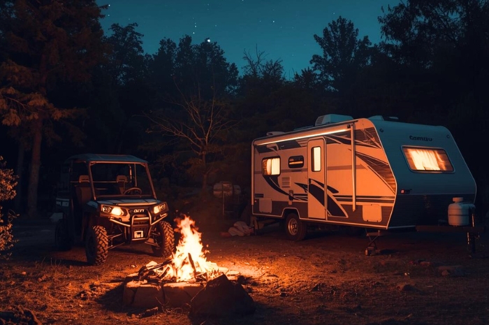 UTV and camper trailer by campfire at night