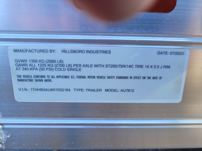 close-up of Specs tag for 2024 Hillsboro Trailer