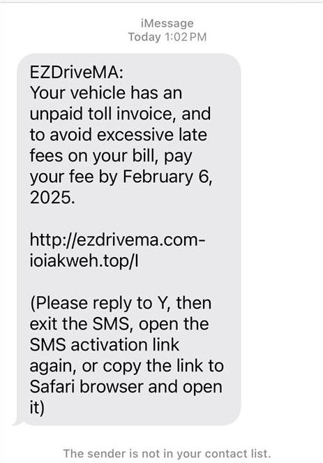 screenshot of a scam toll text